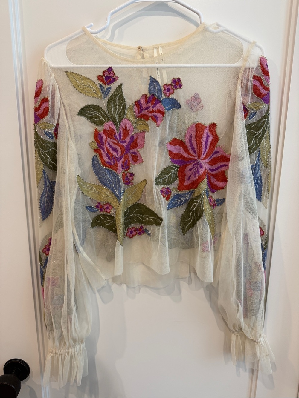 Anthro Sheer Floral Embroidered Long-Sleeve Top - Ivory with Pink & Red Flowers